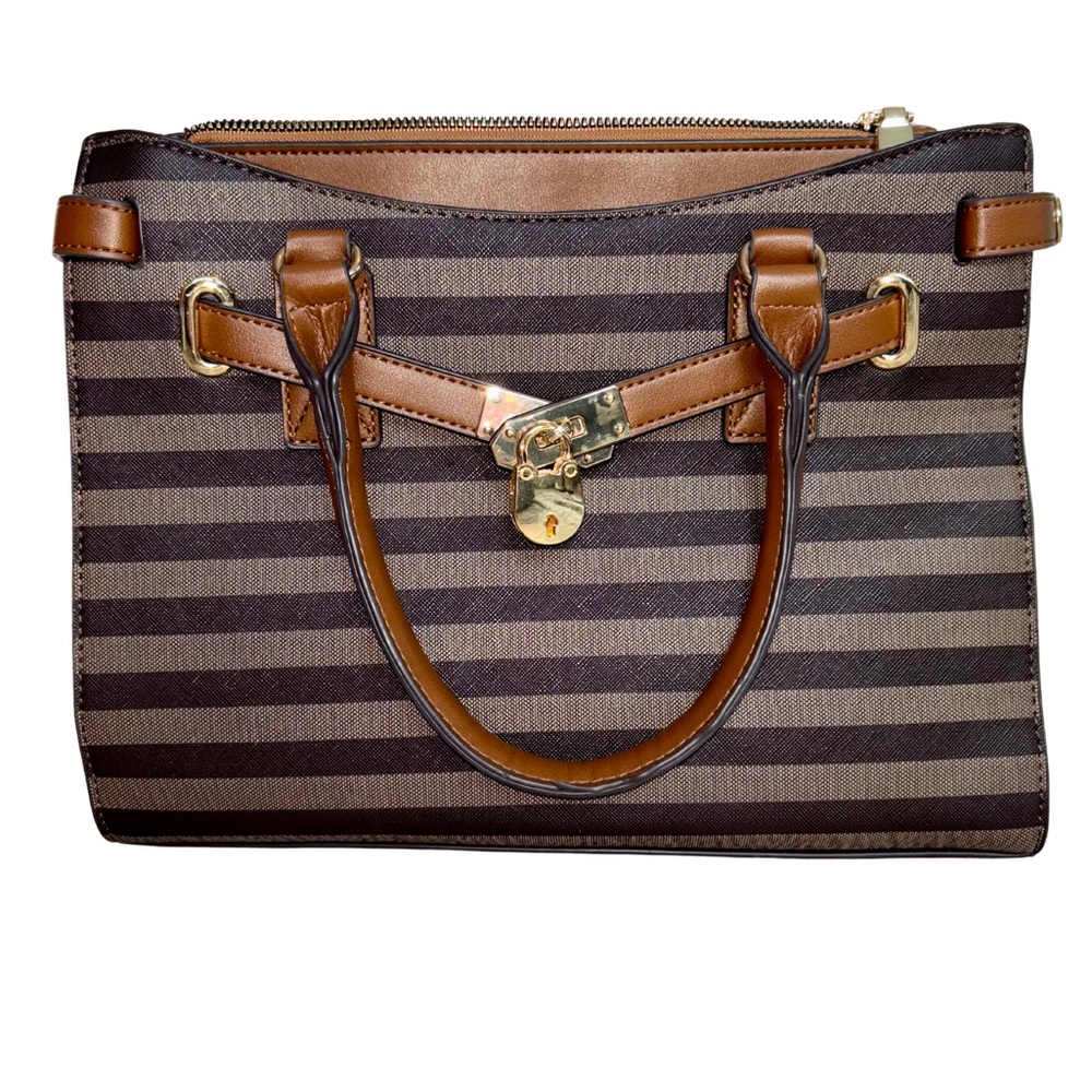 Adrienne Vittadini Chocolate Brown & Cognac Stripe Satchel w/ Gold Lock Detail - Picture 1 of 9